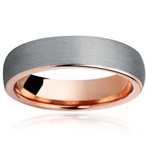 Womens Tungsten Wedding Band Ring 5mm. Rose Gold & Gray Round Brushed Top Ring.